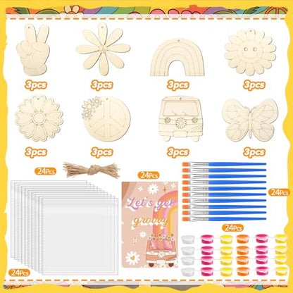Saypacck 24 Pcs Groovy Boho Hippie Party Favors Wooden Paint Craft Kits | Retro Daisy Rainbow Decorations for Goodie Bags, Bulk Thank You Gifts with Organza Pouch, Boho Hippie Activities for Kids - style: Modern