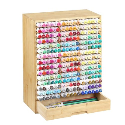 AUTOARK Bamboo Marker Organizer for 225 Markers,AHK-063 | Desktop Storage with Drawers,Art Markers Pens Pencils Brushes,Stationary Organizer - size: 225 Markers
