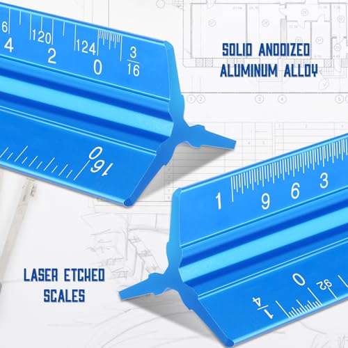 Macarrie 10 Pcs Architectural Scale Ruler 12" Architect Engineers Scale Triangular Ruler Set Aluminum Metal Rulers with Imperial Measurements for Architect School Student Draftsman Engineer (Blue) - color: Blue