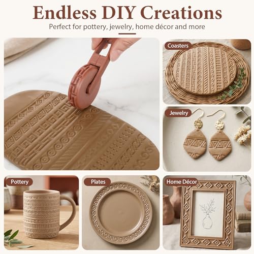 Leriton 11 Pcs Clay Texture Roller with Handle, 10 Patterns Texture Rollers for Clay, Pottery, Ceramics, 3D-Printed Polymer Tools for Home Decor DIY, Miniatures, Tabletop (Classic Style)