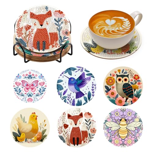 Zynlio Animal Diamond Paintings Coasters Kits Set with Holder,Diamond Art, DIY Diamond Crafts Coasters for Adults, Diamond Art Painting Kits for Women, Beginners, Diamond Craft Supplies - color: animal