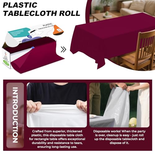 54IN X 160FT Plastic Table Cover Roll with Cutter Box, Cut to Size Plastic Table Cloths for Parties, Birthday, (Burgundy, 54"x1920") - color: Burgundy, size: 1920" x 54" (Rectangular)