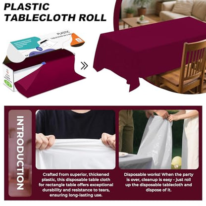 54IN X 160FT Plastic Table Cover Roll with Cutter Box, Cut to Size Plastic Table Cloths for Parties, Birthday, (Burgundy, 54"x1920") - color: Burgundy, size: 1920" x 54" (Rectangular)