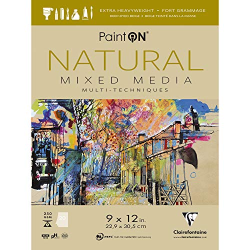Clairefontaine - Ref 975485C - Paint'ON Mixed Media Natural Glued Pad (20 Sheets) - 22.9 x 30.5cm (9 x 12in), 250gsm Heavyweight Paper, Acid Free (USA Version) - color: Natural, size: 9 x 12 inches