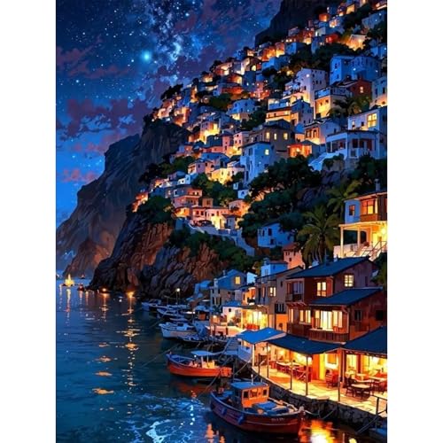 Diamond Art Kits for Adults, Village Diamond Painting Kit, 12 x 16 Inch | Gem Art for Beginners, Stress Relief, 5D Full Round Drill DIY Craft, Coastal Wall Decor, Travel Lovers, Creative Gift - color: CYDP1P01