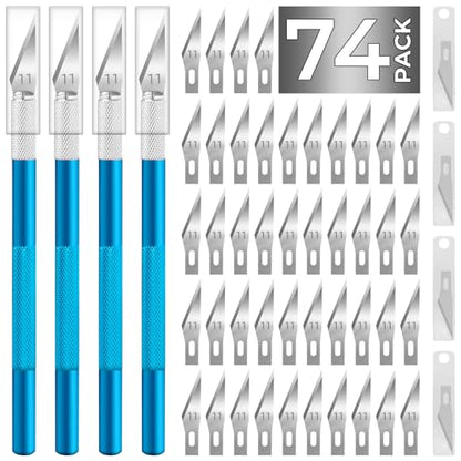 JTIEO Exacto Knife,Hobby Knife,74 Pack with 4 Upgrade Sharp Hobby Knives and 70 Spare Exacto Knife Blades for Art, Scrapbooking (Blue) - color: Blue