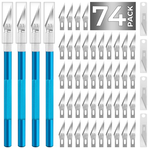 JTIEO Exacto Knife,Hobby Knife,74 Pack with 4 Upgrade Sharp Hobby Knives and 70 Spare Exacto Knife Blades for Art, Scrapbooking (Blue) - color: Blue