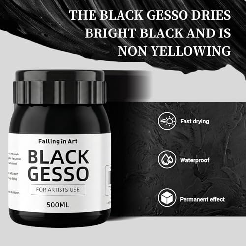 Falling in Art 16.9 Oz Black Gesso Primer for Acrylic &Oil Painting | Non-Toxic Canvas Primer Surface Prep Medium, Mixable Black Gesso Primer for Canvas, Wood, Paper, Plastic - color: Black