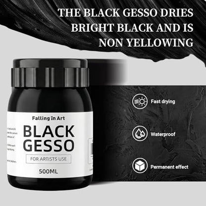 Falling in Art 16.9 Oz Black Gesso Primer for Acrylic &Oil Painting | Non-Toxic Canvas Primer Surface Prep Medium, Mixable Black Gesso Primer for Canvas, Wood, Paper, Plastic - color: Black