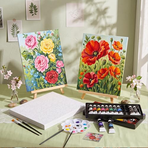 Cholemy 36 Pcs Paint and Sip Kit Gift for Adults 8''x10'',Summer Flowers | Pre Drawn Canvas, Painting DIY Afro Acrylic Painting Kit, Wood Easel Brushes, Date Night Bulk, Summer Halloween Party - style: Summer Flowers