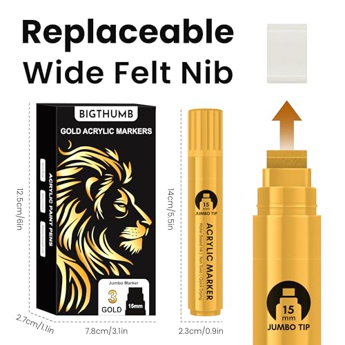 BIGTHUMB 3 Pcs Gold Jumbo Permanent Markers: 15mm Wide Tip Thick Acrylic Paint Pen Large Calligraphy Marker for Rock Painting, Poster, Sign, Canvas, Glass, Wood, Ceramic - color: Gold