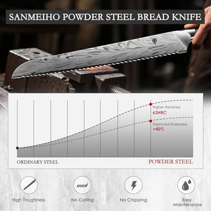 10 inch Bread Knife in Powder Steel, Serrated Bread Knife | for Homemade Bread Sourdough Ultra Sharp Bread Slicer Knives with Ergonomic Pakkawood Handle for Sourdough, Turkey and Fruit - size: 10"