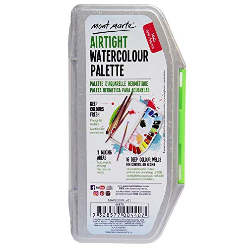 Mont Marte Airtight Watercolor Palette 16 Slot. 3 Mixing Areas and 16 Deep Color Wells.