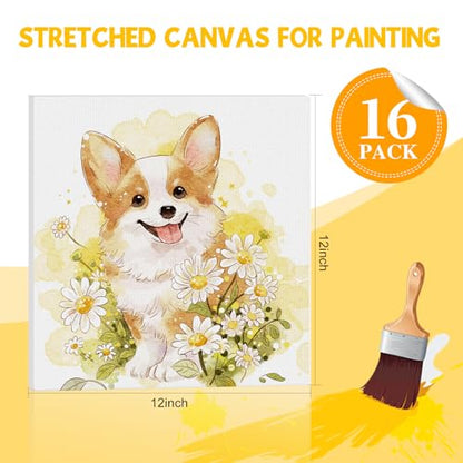 ESRICH Stretched Canvas for Painting 12x12 Inch, 16 Pack Painting Square Canvas Bulk-5/8 in Profile Primed Cotton White Blank Canvases for Painting for Oil & Acrylic Paint - size: 12x12in-16Pack