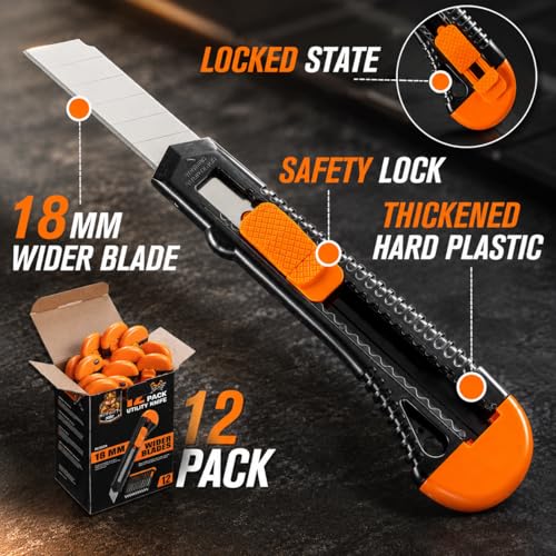REXBETI 12-Pack Utility Knife, Retractable Box Cutter for Cartons, Cardboard and Boxes, 18mm Wider Razor Sharp Blade, Smooth Mechanism, Perfect for Office and Home use | Razor Sharp Snap-Off Blade, Smooth Sliding Mechanism, Durable Cutter Knife for Carton
