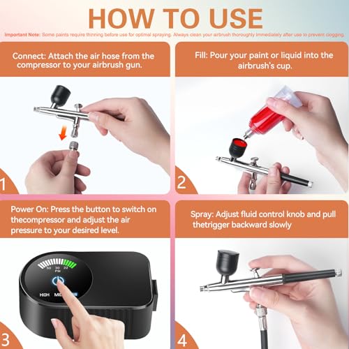 Airbrush Kit with Air Compressor, 22/30/50 PSI High Pressure Air Brush Non-Clogging with 0.2/0.3/0.5mm Nozzle/Cleaning Sets, Ideal for Painting, Modeling, Cake Decor, Makeup,Nail Art
