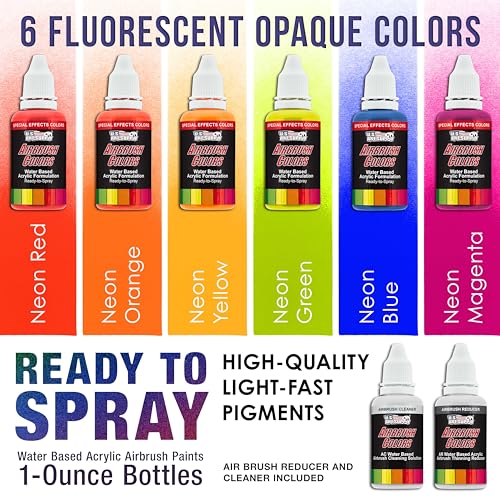 U.S. Art Supply Airbrush Paint Set, 6 Color Fluorescent Neon, 1-oz Bottles - color: 6-Color Fluorescent Set
