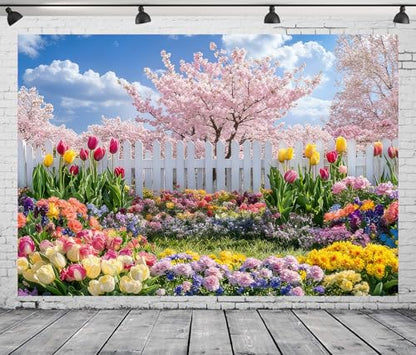 7x5FT Spring Garden Backdrop Secret Floral Garden Tulip Peach Blossom White Fence Backdround for Spring Easter Birthday Party Decoration Vinyl - size: 7x5FT