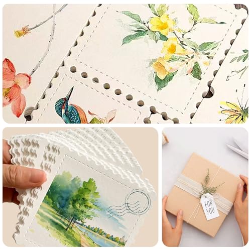 50pcs Creative Watercolor Paper Cards, 300g Cotton Pulp Fine Grain Thick Serrated Edges for DIY Tickets with Tear-Away Stamps and Gifts Certificates (Square) Holiday Cards Postcard (4x4) - size: 4x4