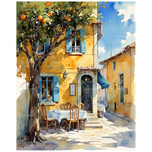 European Café Paint by Numbers Kit for Adults - DIY Outdoor Dining with Orange Tree Painting on Canvas, Acrylic Paint Set, Suitable for Beginners, for Home Decoration or Gifts(12X16IN Framed) - color: TCXY07787, size: 12X16IN Framed