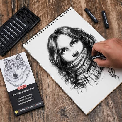 PANDAFLY Compressed Charcoal Sticks, 12 Pack, Soft Medium & Hard | Black Square Vine Charcoal Sticks for Drawing, Sketching, Shading, Charcoal Drawing Set for Beginners & Pro Artists