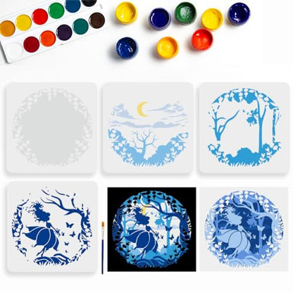 MAYJOYDIY Layered Fairy Stencil Set of 4, 11.8x11.8 Inch Large Moon Forest Fantasy Template with Butterfly Tree Design Reusable for DIY Craft on Canvas, Furniture, Wall Art - color: Layered Fairy