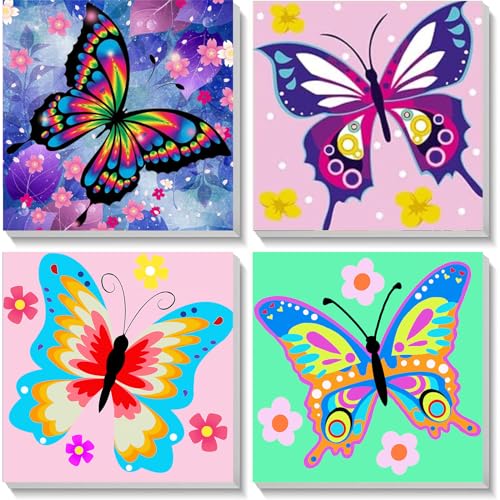4 Pack Butterfly Paint by Number for Kids with Wooden Frame - Wooden Easel | Paint by Numbers for Kids Butterflies Ages 4-8-12, Easy Painting with Number Oil Painting Kits for Home Wall Decor (8X8 inch) - color: BKH07+BKH08+BKH56+BKH58