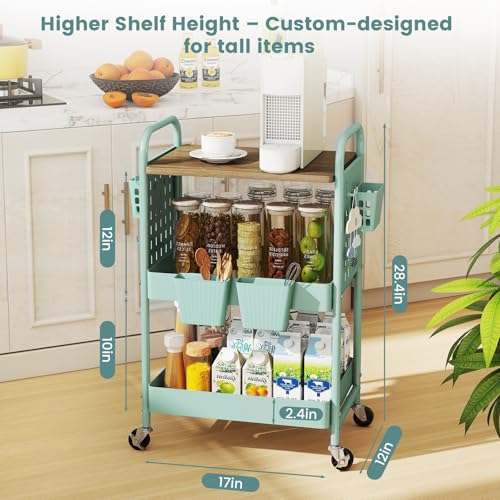 3 Tier Rolling Cart, Metal Storage Cart with Wooden Tabletop, Storage Cart with DIY Pegboards & Locked Wheels, Hooks & Hanging Cups for Any Room - color: Green