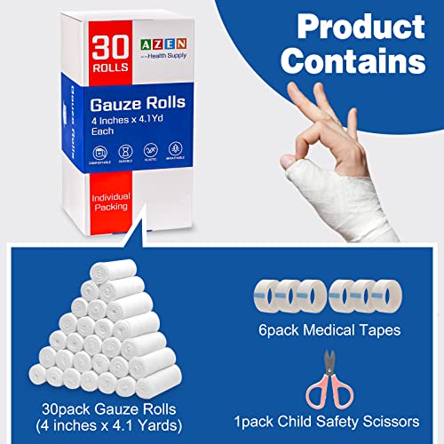 AZEN 30 Pack Gauze Rolls Bandages, 4 in x 4.1 Yards, Premium Medical Supplies & First Aid Supplies, Bandage Wrap Vet Wrap, Mummy Wraps - color: 30p, size: 4IN
