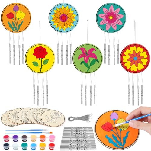 Silipull 24 Sets Summer Flower Wind Chimes Craft Kit for Kids Back to School Color Your Own Windchime DIY Unfinished Wood Hanging Ornament Coloring Wind Chime for Kid Graduation Gift Party Supply - style: Flower