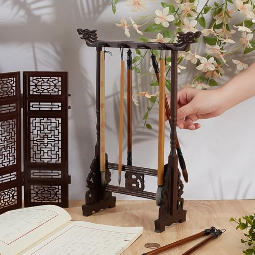 PH PandaHall 8-Pin Wood Calligrapghy Brush Holder Chinese Brushes Hanging Holder Japanese Calligraphy Pen Hanger Carving Sumi Brush Stand Wenge Writing Brushes Rack for Beginners Students Professional - size: 8-Pin