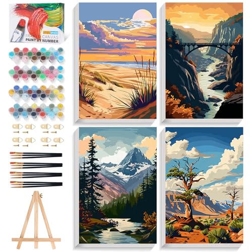 4 Pack National Park Paint by Numbers Kit for Adults Framed, Landscape Paint by Number Kits with Frame, DIY Acrylic Watercolor Adult Paint by Number Kits on Canvas for Home Decor Gift 8x12 Inch - color: XM-OP-4P-F-NationalPark-2030