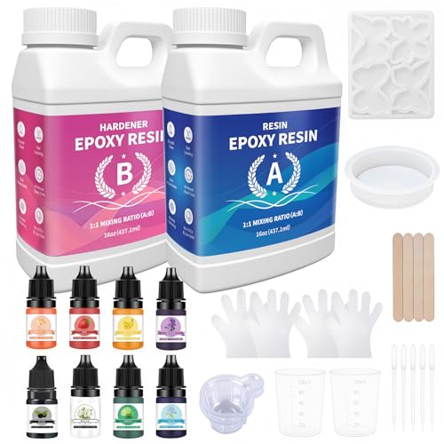 Minlebao Crystal Clear Epoxy Resin Kit 32oz, High Gloss Bubble-Free Coating & Casting for DIY Art, Jewelry Making, River Tables - 1:1 Ratio with Measuring, Silicone Mold and Usage Tools - size: 32OZ