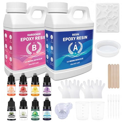 Minlebao Crystal Clear Epoxy Resin Kit 32oz, High Gloss Bubble-Free Coating & Casting for DIY Art, Jewelry Making, River Tables - 1:1 Ratio with Measuring, Silicone Mold and Usage Tools - size: 32OZ