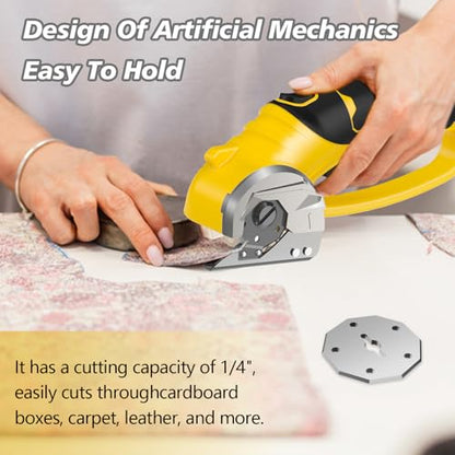 Cordless Electric Scissors, 4V Rechargeable Box Cutter & Cardboard Cutter with LED Light, Safety Lock - Rotary Cutter for Fabric, Leather, Carpet, Plastic, Crafting, Sewing with Storage Box(Yellow)