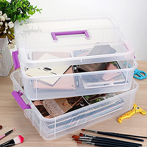 JUXYES 2-Tiers Plastic Stack Carry Storage Containers Box wih Handle Lids - color: Purple