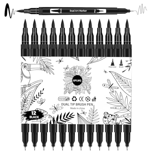 Black Drawing Pens, 12 Pack Felt Tip Markers for Adults and Kids, Dual Tip Brush Fineliners Pens for Art Drawing Sketching - color: Black