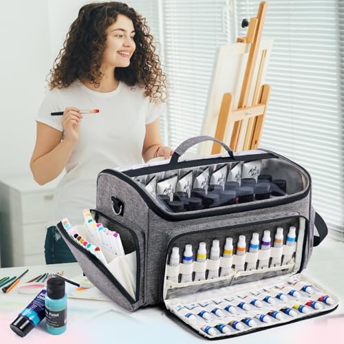 SFYBYHEART Acrylic Paint Organizer Bag with Washable Roll-Up Brush Holder, Large Art Supply Case, Craft Organizer with Foam Inserts for Apple Barrel, Shuttle Art, Caliart Art Supplies Storage Bag - color: Grey - Black, size: Single Layer