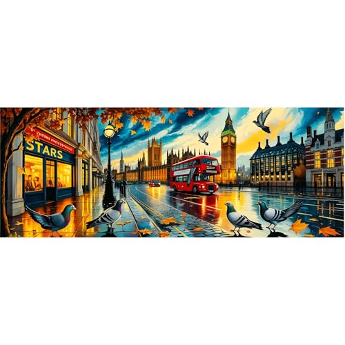 Reofrey Large Diamond Art Kits for Adults London Street Scene, 12x31.5 inch Full Drill Round Rhinestone Big Diamond Painting Kit, DIY Cross Stitch Embroidery Canvas for Crafts Home Wall Decor - color: London Street Scene