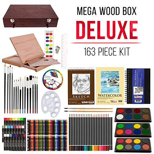 U.S. Art Supply 163-Piece Mega Wood Box Artist Kit with Easel, Painting | Drawing & Art Supplies for Adults - Watercolors, Oil Pastels, Pencils, Crayons & Brushes - Art Kit for Adults, Gift Set - size: 163-Piece