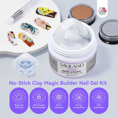 SAVILAND 60 g Solid Builder Nail Gel Kit Non Sticky, White | Non-Sticky Sculpture Gel, Chrome Powder Sequins, Sculpture Pen, Non-Wipe Extensions, 3D Nails Art Designs DIY Home - size: 60g- white