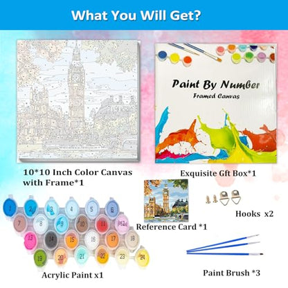 Artunion Framed Paint by Numbers Kit for Adults Beginners & Kids Ages 8-12,Big Ben Paint by Number with Frame,London City Paint by Numbers Kit on Canvas 10 * 10 Inch Without Easel - color: ZXT-241-F