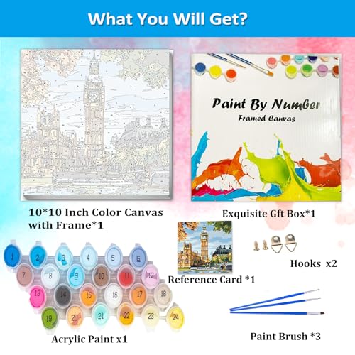 Artunion Framed Paint by Numbers Kit for Adults Beginners & Kids Ages 8-12,Big Ben Paint by Number with Frame,London City Paint by Numbers Kit on Canvas 10 * 10 Inch Without Easel - color: ZXT-241-F