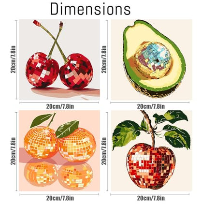 Canrichshop 4 Pack Disco Ball DIY Paint by Number Beginners,Fruit Oil Painting Adults' Paint-by-Number Kits,Acrylic Paint Kit with Frame for All Ages,Easy Paint by Numbers Kids on Canvas 8x8inch - color: BKH1240+BKH1241+BKH1242+BKH1243