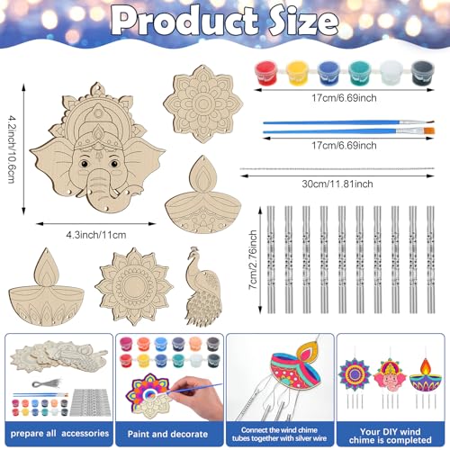 Silipull 24 Sets Diwali Wind Chimes Craft for Kids | Unfinished Wooden Chimes with Paints, Color Your Own Designs, School Classroom Projects, DIY Crafts, Home Hanging Ornaments - style: Diwali Mandala