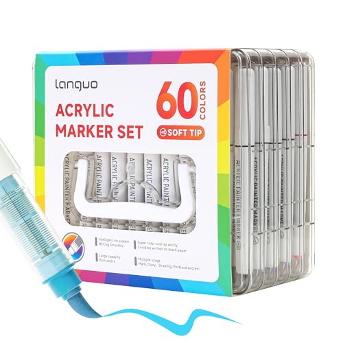 languo 60 Colors Acrylic Paint Markers, Brush Tip, Direct Liquid Ink | Water-Based Acrylic Paint Pens, Fast-Drying & No-Bleed Ink, Portable Storage Case, Ideal for Fabric, Rock, Wood, DIY Crafts - color: 60 Colors