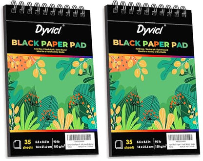 Dyvicl Black Paper Sketchbook 5.5"x8.5", 90 lb/150 GSM, 35 Sheets, Spiral Black Sketch Pad Drawing Paper for Pencil, Pastel, White Ink Gel Pen, Charcoal, Chalk, Metallic Marker, Paint Pen (Pack of 2) - size: 5.5 x 8.5 inches (Pack of 2)
