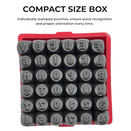 NEIKO 02630A Number and Letter Punch Set with Heat-Treated Steel Punches, Imprinting & Arts and Crafts, 3/32" (2.5MM) Shaft, 36 Pc Stamp Set, Uppercase Letter & Number Punch Set (A-Z / 0-8 / "&") - size: 2.5mm - 3/32"