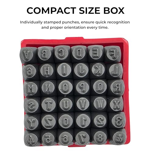 NEIKO 02630A Number and Letter Punch Set with Heat-Treated Steel Punches, Imprinting & Arts and Crafts, 3/32" (2.5MM) Shaft, 36 Pc Stamp Set, Uppercase Letter & Number Punch Set (A-Z / 0-8 / "&") - size: 2.5mm - 3/32"