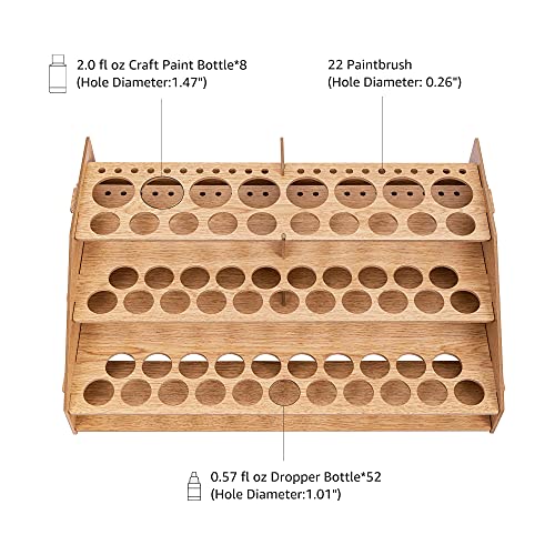Amazon Basics Craft Paint and Brush Organizer Rack for Paint Bottles, Holds up to 60 Bottles and 22 Brushes, Wood Finish, 14 x 8 in, Light Brown